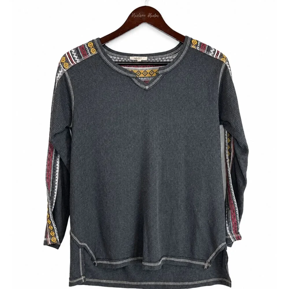Mystree Top Women S Gray Waffle Knit Tee Shirt Long Sleeve Scoop Neck Thermal E3